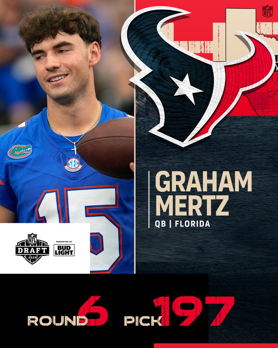 With the No. 197 overall pick in the 2025 <a href="/NFLDraft/">NFL Draft</a>, the <a href="/HoustonTexans/">Houston Texans</a> select Graham Mertz.

📺: #NFLDraft on NFLN/ESPN/ABC
📱: Stream on <a href="/NFLPlus/">NFL+</a>