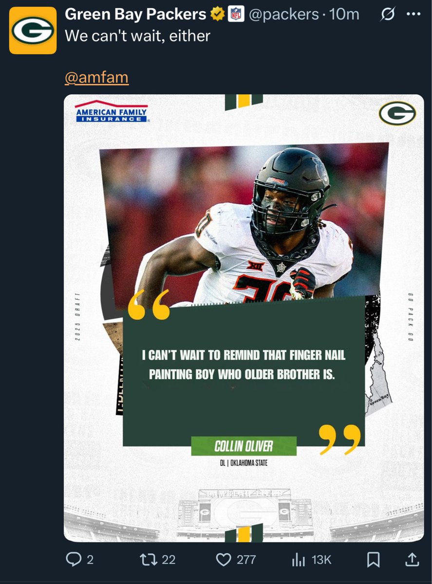 First post from #Packers new DE, Collin Oliver. 😳
