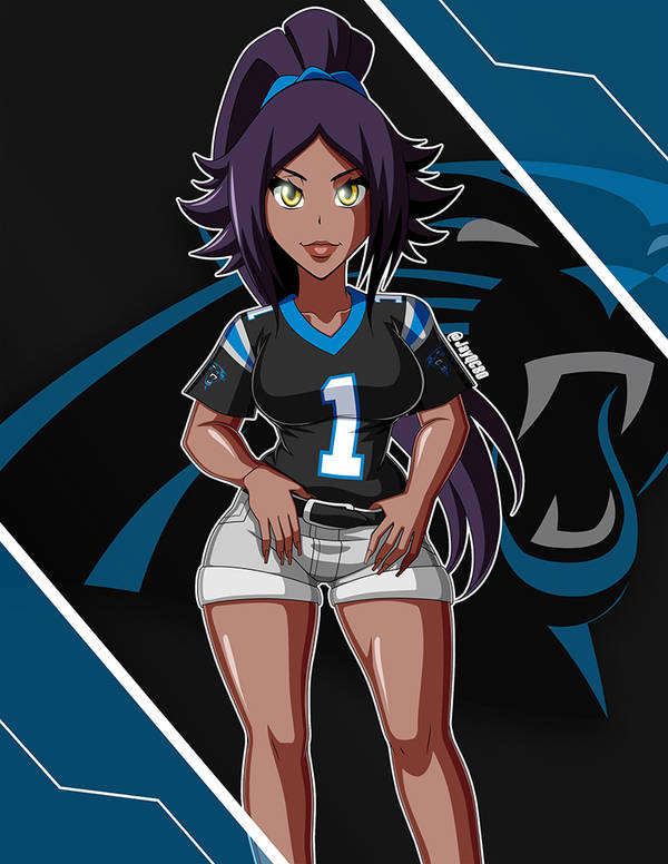 writtensuccess1's tweet photo. I saw this concept on deviant art and thought it was very cool! This art was created by @JayQC80 as part of the Jersey Gals, where it mixes sport teams and various women across fictional media. This one here is Yoruichi from Bleach, sporting a Carolina Panthers jersey! 😀🏈 https://t.co/o5lqTLvcND