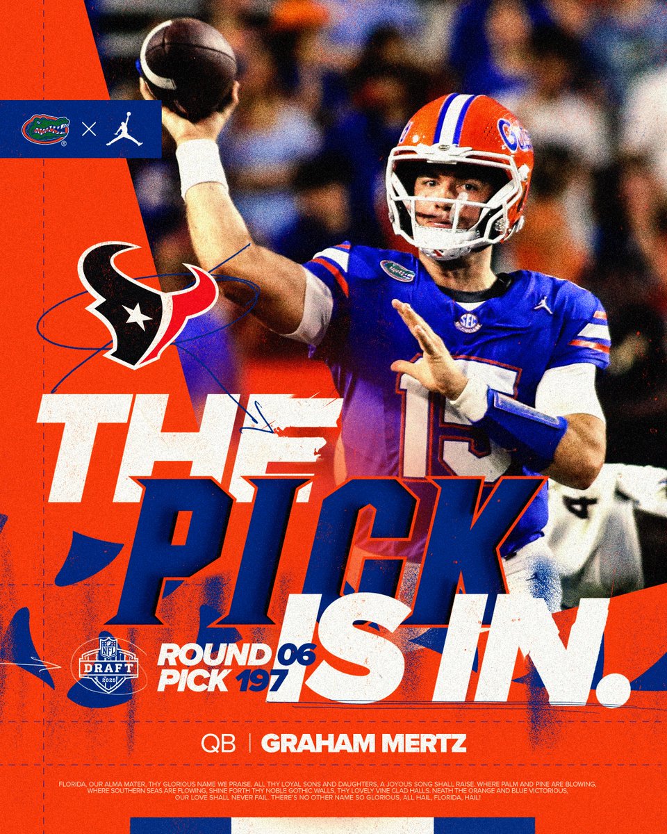 Florida Gators Football (@gatorsfb) on Twitter photo Congrats Graham! <a href="/GrahamMertz5/">Graham Mertz</a> will be heading to the <a href="/HoustonTexans/">Houston Texans</a>!
#NFLDraft2025 Congrats Graham! <a href="/GrahamMertz5/">Graham Mertz</a> will be heading to the <a href="/HoustonTexans/">Houston Texans</a>!
#NFLDraft2025