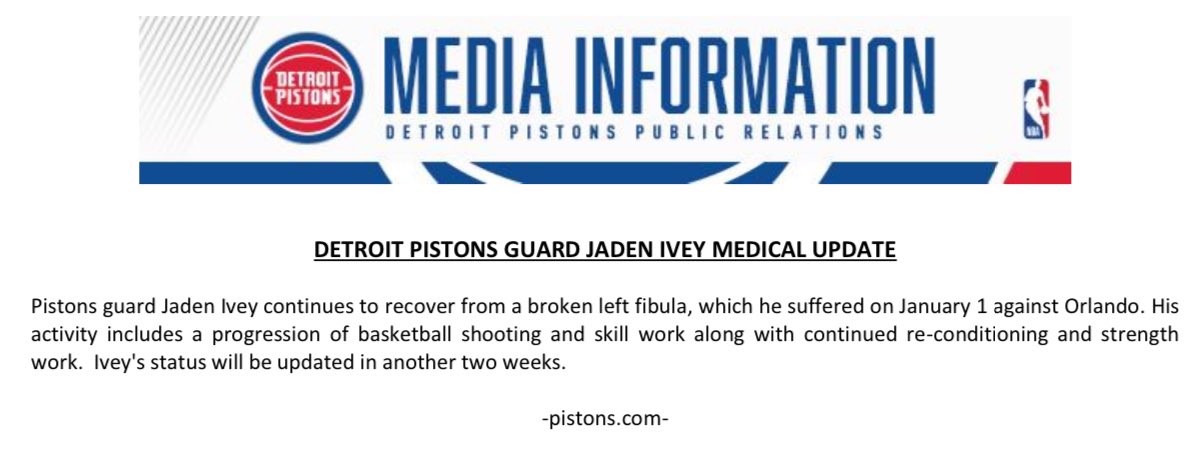 Pistons_PR's tweet image. The @DetroitPistons released the following medical update on guard Jaden Ivey: