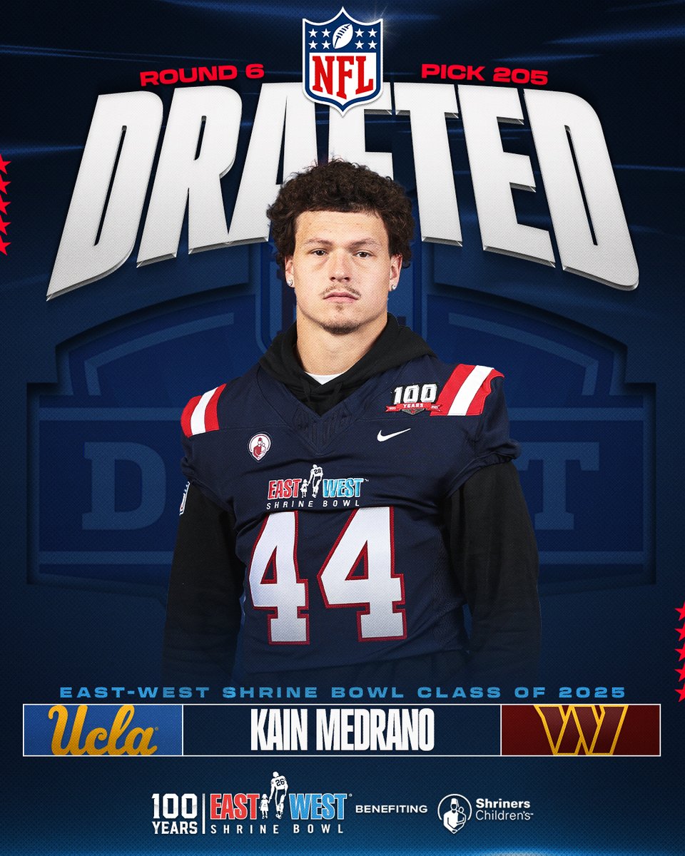 East-West Shrine Bowl (@shrinebowl) on Twitter photo #ShrineBowl β‘οΈ <a href="/NFL/">NFL</a>
Congratulations to Kain Medrano (<a href="/Kain_05/">Kain Medrano</a>) from <a href="/UCLAFootball/">UCLA Football</a> on being drafted by the <a href="/Commanders/">Washington Commanders</a> in the 2025 #NFLDraft!
#ShrineBowlPRO | #RaiseHail #ShrineBowl β‘οΈ <a href="/NFL/">NFL</a>
Congratulations to Kain Medrano (<a href="/Kain_05/">Kain Medrano</a>) from <a href="/UCLAFootball/">UCLA Football</a> on being drafted by the <a href="/Commanders/">Washington Commanders</a> in the 2025 #NFLDraft!
#ShrineBowlPRO | #RaiseHail