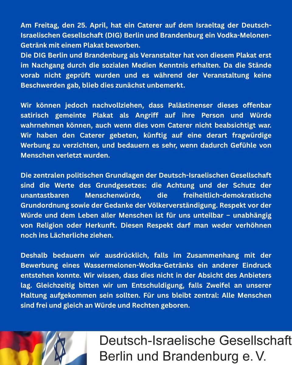Stellungnahme der Deutsch-Israelischen  Gesellschaft Berlin und Brandenburg zum Vorfall auf dem Israeltag am 25. April 2025