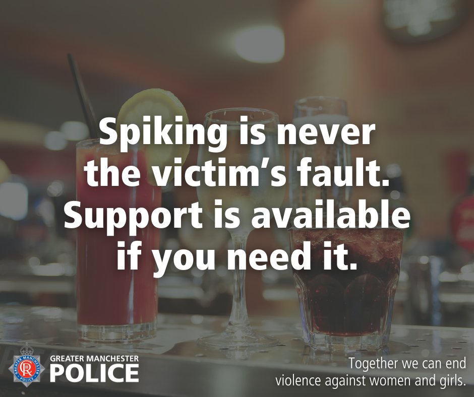 #GMPSpiked | We are here for you if you’ve been spiked, regardless of when it took place. 

For more information on spiking, or to report online, please visit our website: Spiking | Greater Manchester Police (orlo.uk/arnPs)