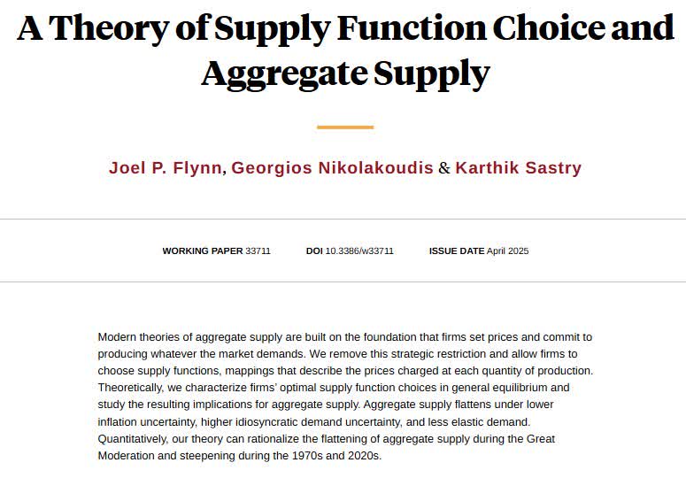NBER (@nberpubs) on Twitter photo Removing the restriction that firms commit to fixed prices, allowing them to choose any supply function, yields a state-dependent aggregate supply curve with empirically realistic properties, from <a href="/joel_flynn/">Joel Flynn</a>, Georgios Nikolakoudis, and Karthik Sastry nber.org/papers/w33711 Removing the restriction that firms commit to fixed prices, allowing them to choose any supply function, yields a state-dependent aggregate supply curve with empirically realistic properties, from <a href="/joel_flynn/">Joel Flynn</a>, Georgios Nikolakoudis, and Karthik Sastry nber.org/papers/w33711