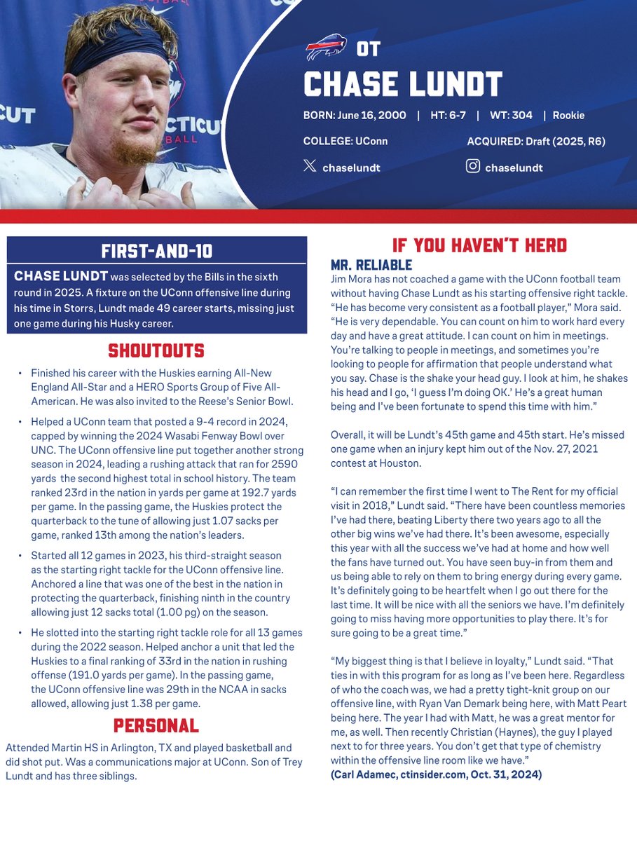 BuffaloBillsPR's tweet image. With the 206th pick, the Bills have selected T Chase Lundt out of UConn.