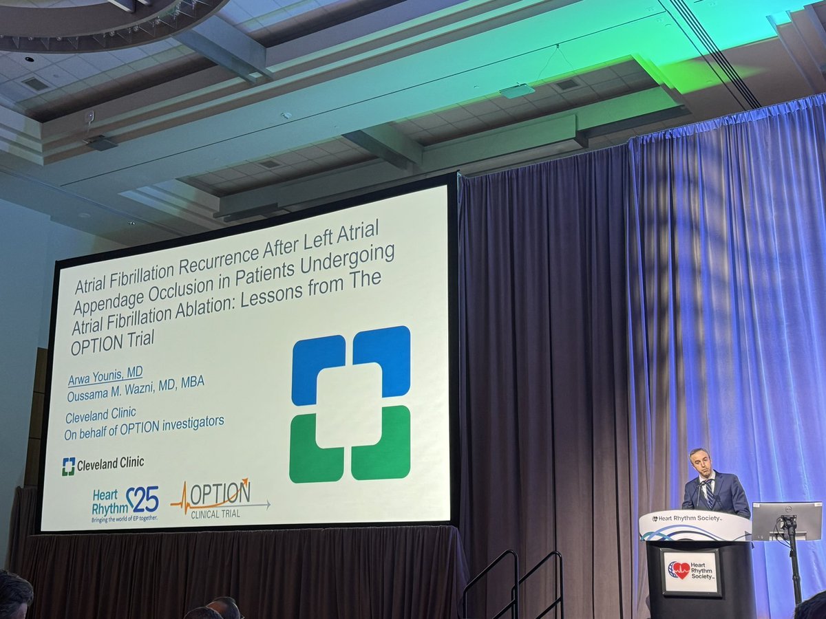 Arab HRS - Heart Rhythm Society (@arabhrs) on Twitter photo 🧵Star EP fellow <a href="/arwayounis2/">Arwa Younis MD</a>🌟 presenting late-breaker subanalysis of OPTION trial #HRS2025:
👉Timing of LAAO (concomitant or sequential) does not impact AF ablation outcomes! Stroke was⬇️& similar between LAAC & OAC arms, independent of AF recurrence. <a href="/omwazni/">Oussama Wazni</a> <a href="/CleClinicHVTI/">Cleveland Clinic Heart, Vascular & Thoracic</a> 🧵Star EP fellow <a href="/arwayounis2/">Arwa Younis MD</a>🌟 presenting late-breaker subanalysis of OPTION trial #HRS2025:
👉Timing of LAAO (concomitant or sequential) does not impact AF ablation outcomes! Stroke was⬇️& similar between LAAC & OAC arms, independent of AF recurrence. <a href="/omwazni/">Oussama Wazni</a> <a href="/CleClinicHVTI/">Cleveland Clinic Heart, Vascular & Thoracic</a>