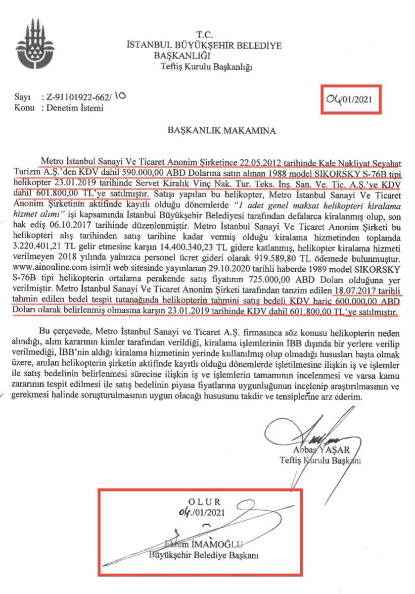 İBB’nin 2012 yılında 600 bin dolara aldığı SIKORSY tip helikopterin 2019 seçimlerinden hemen önce 600 bin TL’ye satıldığı ortaya çıktı.

Ekrem İmamoğlu’nun bu konuda soruşturma başlattığı ancak soruşturmaya İçişleri Bakanlığı’nın el koyduğu öğrenildi.

Deniz Yavuzyılmaz