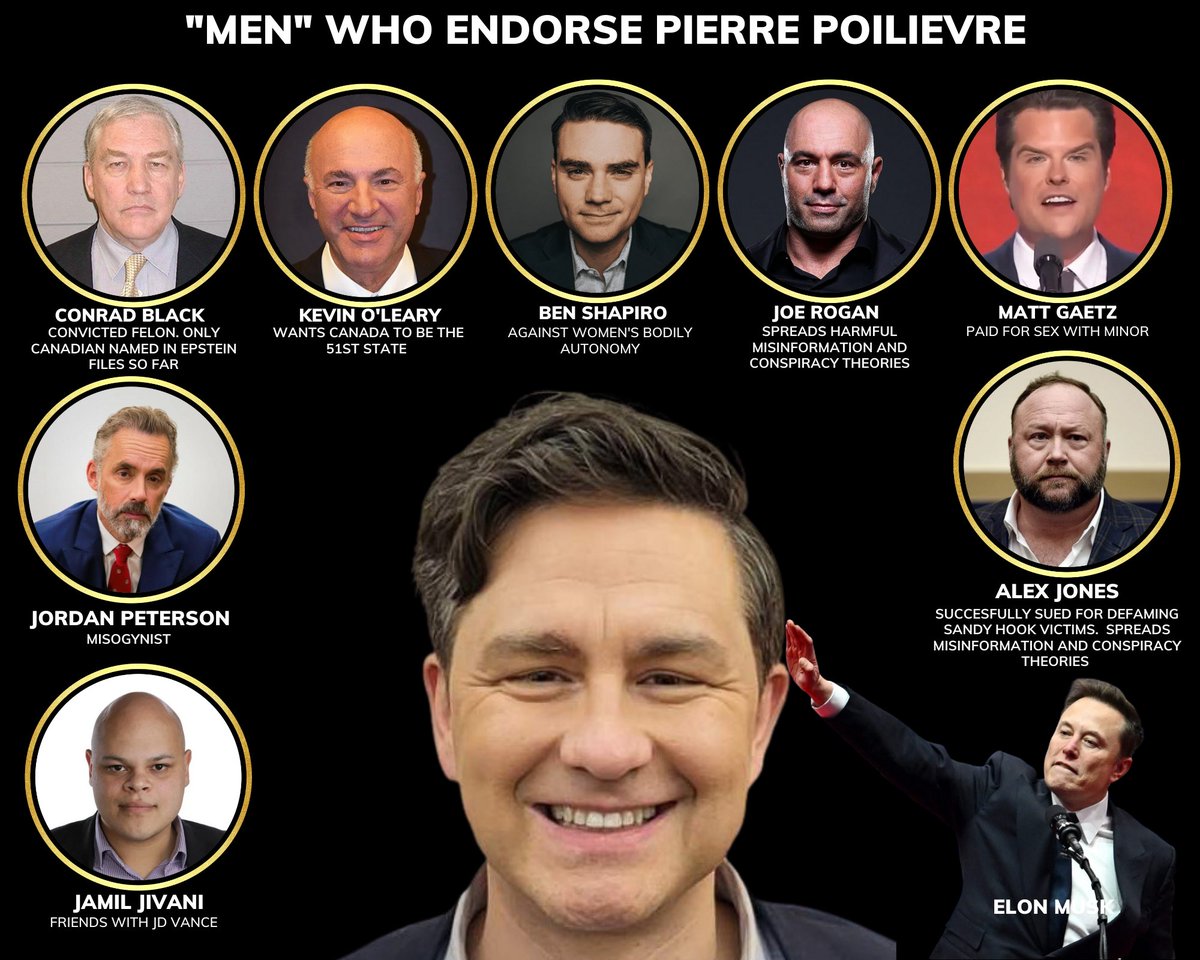 Hey ladies! 📣

How many more endorsements from these fine upstanding men do you need before you finally decide to vote for Conservative Leader Pierre Poilievre? 

#cdnpoli #Election2025 #WomenAgainstPoilievre #NeverPoliviere #NeverVoteConservative