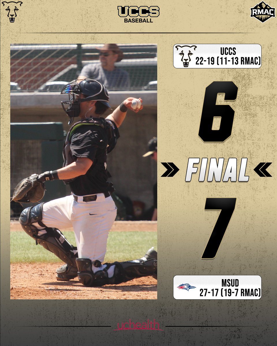 FINAL | UCCS 6⃣, MSUD 7⃣

⚾ Brinton: 3-3, HR, RBI, 3 Runs
⚾ Peterson: 2-3, HR, Run, 2 RBIs
⚾ Fink: 6.0 IP, 8 Hits, 4 Ks

📅: UCCS and MSUD will face off in game three in about 30 minutes in Denver!