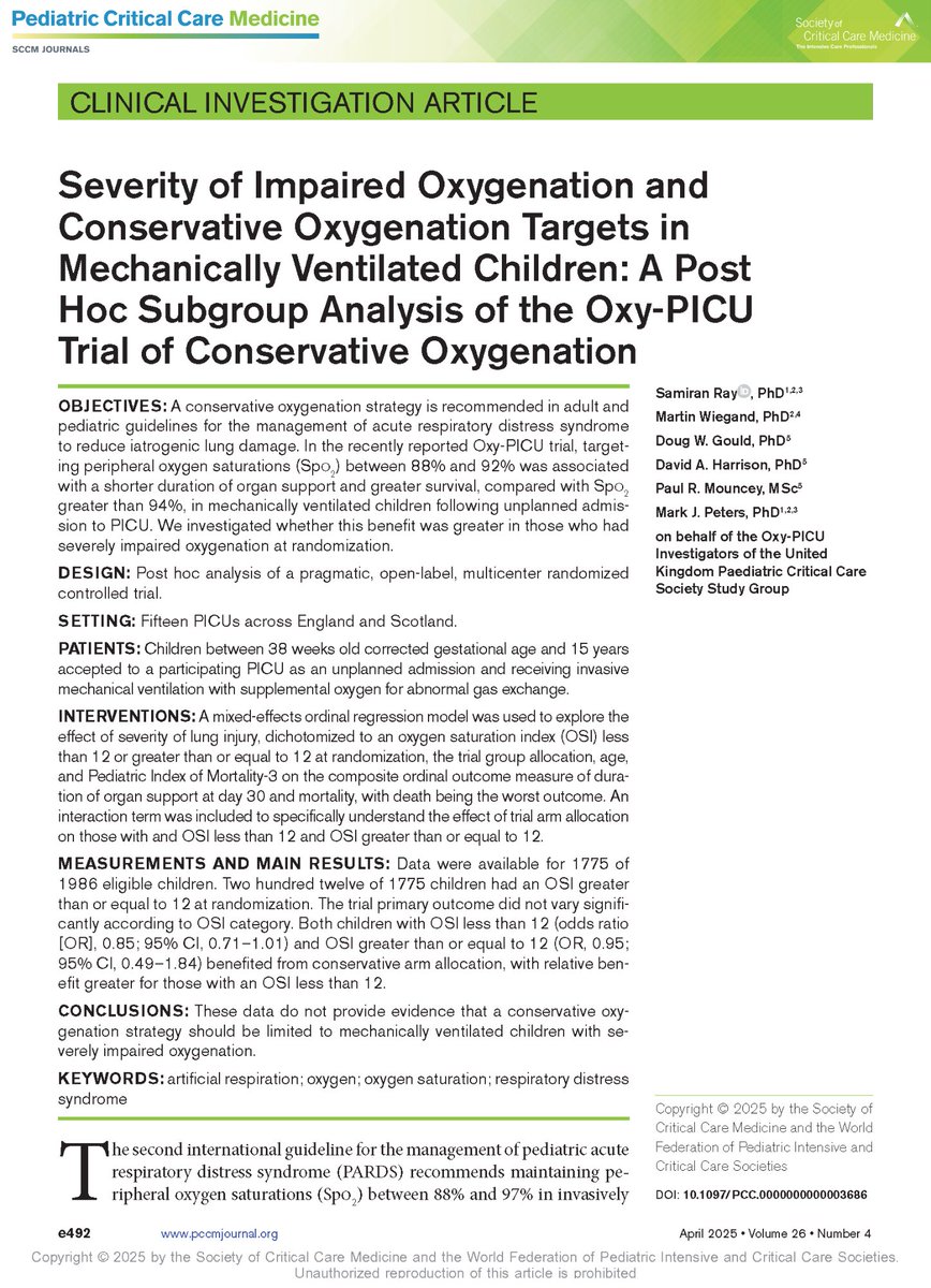 🔍 A subgroup analysis of the Oxy-PICU trial strengthens the argument for adopting conservative oxygenation targets for all mechanically ventilated children needing supplemental oxygen.

Read the original research from PCCM: bit.ly/42DcXoN

#PedsICU #SCCM <a href="/SCCM/">SCCM</a>