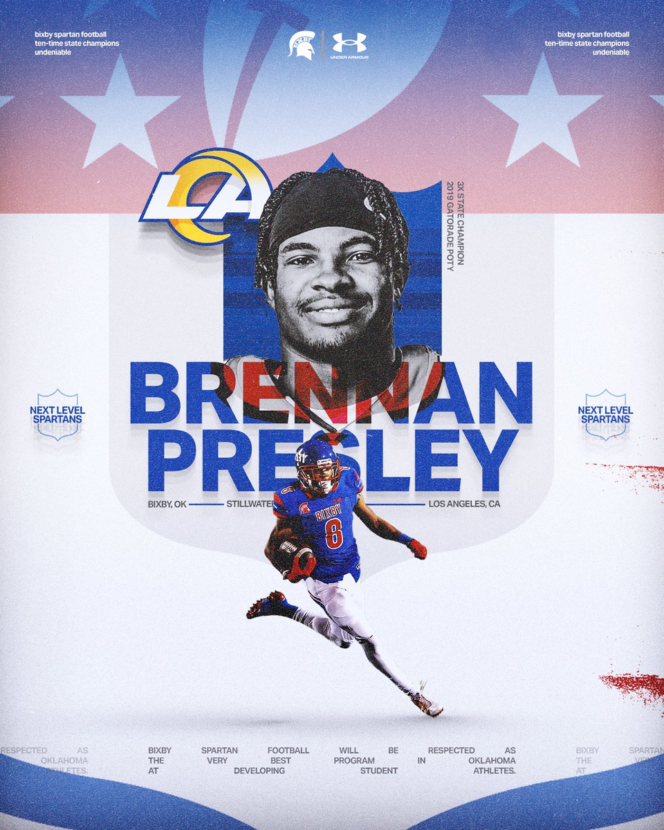 BixbySpartanFootball (@bixbyspartanfb) on Twitter photo 𝐍𝐞𝐱𝐭 𝐋𝐞𝐯𝐞𝐥 𝐒𝐩𝐚𝐫𝐭𝐚𝐧𝐬
Bixby, OK ➡️ Los Angeles, CA
Congratulations to <a href="/bprezzle/">Brennan Presley</a> for signing to play WR for the <a href="/RamsNFL/">Los Angeles Rams</a>!
#BixbySpartans | #Undeniable 𝐍𝐞𝐱𝐭 𝐋𝐞𝐯𝐞𝐥 𝐒𝐩𝐚𝐫𝐭𝐚𝐧𝐬
Bixby, OK ➡️ Los Angeles, CA
Congratulations to <a href="/bprezzle/">Brennan Presley</a> for signing to play WR for the <a href="/RamsNFL/">Los Angeles Rams</a>!
#BixbySpartans | #Undeniable