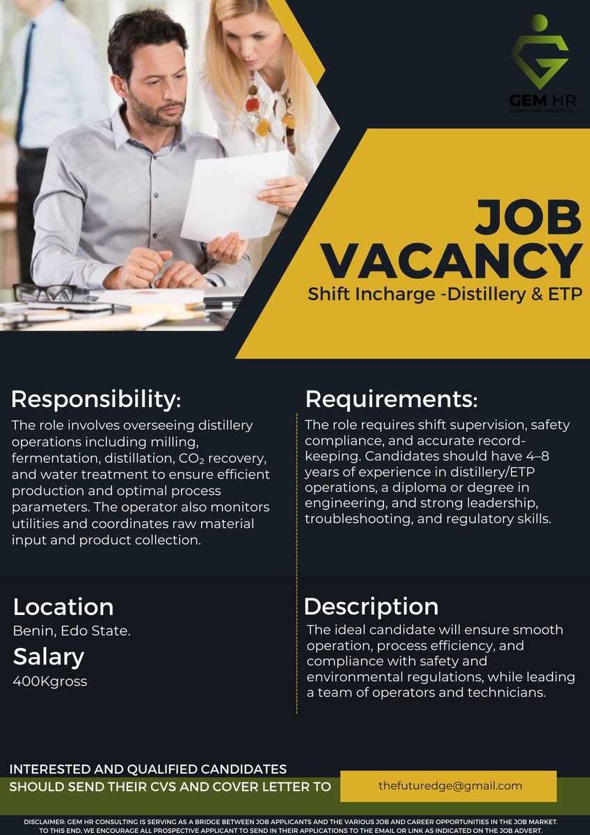 gem_hr's tweet image. 🔥 Urgent Hiring: Shift In charge! 🌟Lead and impact the Distillery &amp;amp; ETP Industry!  Location: Benin, Edo State. 💌 APPLY: thefuturedge@gmail.com ⏳Act fast—this opportunity won't last! 👥 Know someone ideal? Tag them!  #ShiftIncharge #shiftincharge #productionmanager #production