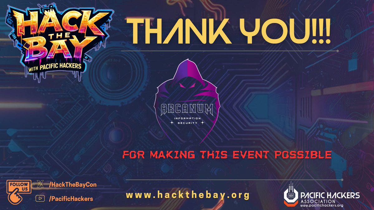 Our sincere gratitude to <a href="/arcanuminfosec/">Arcanum Information Security</a> for supporting HackTheBay!

We couldn't be more appreciative of Arcanum's contribution to our event. 

#PacificHackers #PHACK #HackTheBay #SecurityConference #SFSecurityWeek #BSidesSF #RSAC #SponsorSpotlight #Arcanum #ThankYou
