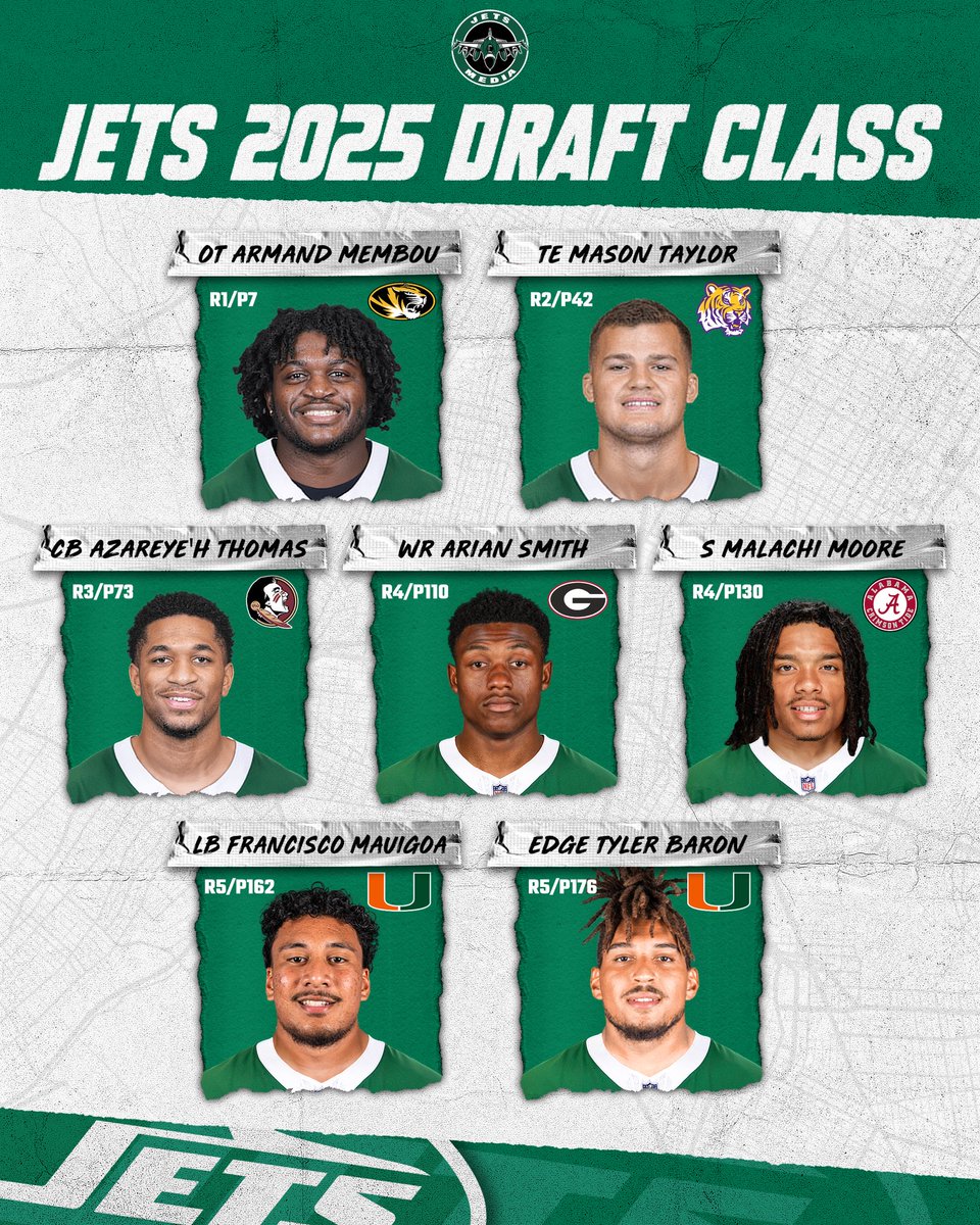 NYJetsTFMedia's tweet photo. Grade &amp; give your thoughts on the #Jets 2025 draft class:

How do you think Darren Mougey &amp; Aaron Glenn did in their 1st #Jets draft❓

📸 @NYJets_Media https://t.co/pZ5n4Dle1L
