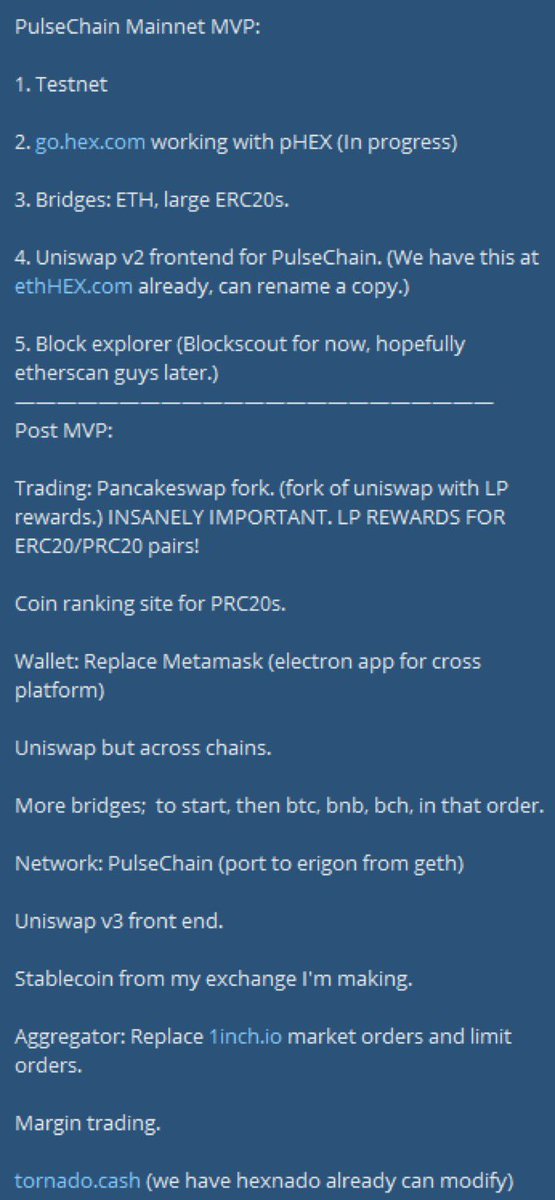 Hier ist die längst vergessene Liste von Richard Heart VOR dem Pulsechain Launch. 

Wieso ist die Liste so wertvoll? 

Man kann daraus ableiten was in Zukunft noch für Pulsechain folgen könnte, wie z.B. eine Bitcoin Bridge, die eigene Wallet oder seinen eigenen Stablecoin?