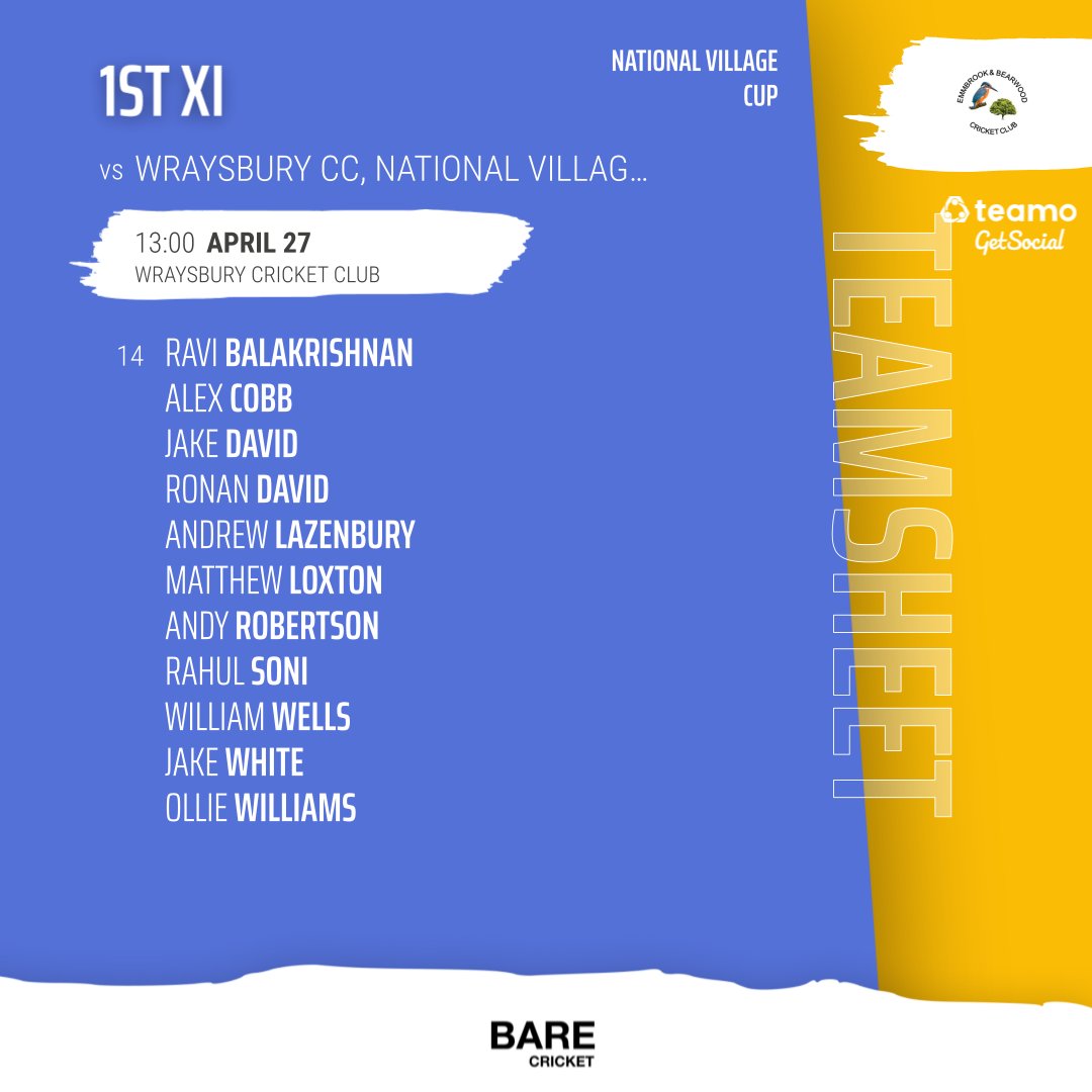 📝Our first game of the season is the village cup opener against Wraysbury CC! Last time out was a cracker, let's recreate that win but AWAY this time! Note the fixture venue has changed for those planning to watch🏏