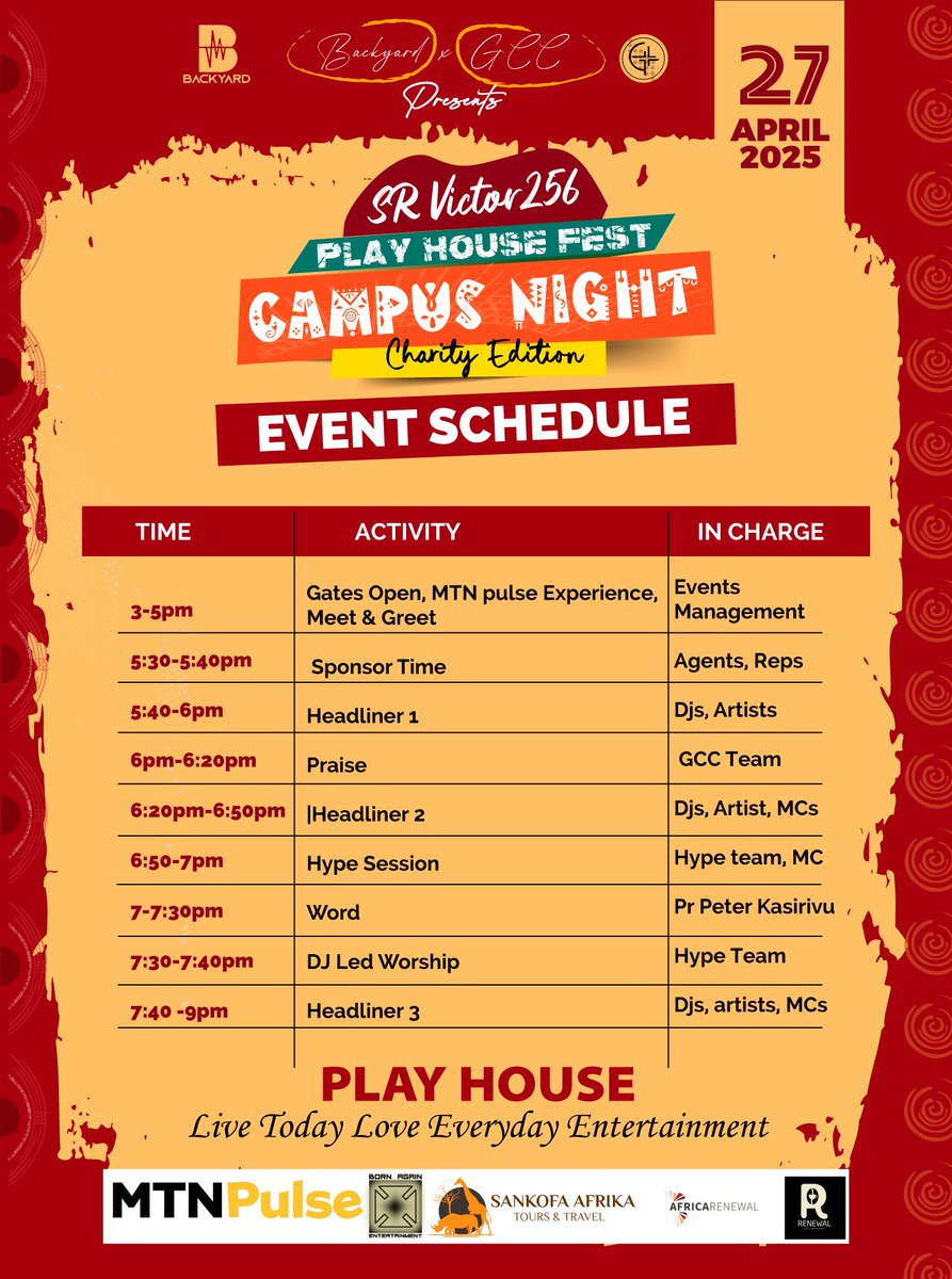 #PlayHouseFest (@playhousefestug) on Twitter photo Program’s locked. Headliners are set.
Don’t blink, we’re going hot 💯
27th April 2025 <a href="/Gaba_Church/">Gaba Community Church</a>
3pm 🕒 Tax 🆓 carry an essential donation
#PlayHouseFest #PlayHouseEvents Program’s locked. Headliners are set.
Don’t blink, we’re going hot 💯
27th April 2025 <a href="/Gaba_Church/">Gaba Community Church</a>
3pm 🕒 Tax 🆓 carry an essential donation
#PlayHouseFest #PlayHouseEvents