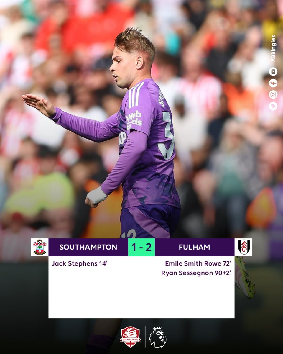 BBIngles's tweet photo. VIRADA NO FIM!!!

O Fulham visitou o já rebaixado Southampton, e venceu de virada no fim com gol de Ryan Sessegnon, vitória importante pros Whites que seguem lutando por vaga em competições europeias! E o Southampton segue com 11 pontos, e saldo de gols -55
#PremierLeague #SOUFUL https://t.co/geZftx1yrv