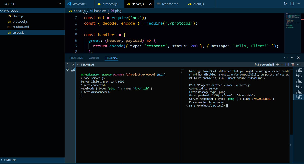 Devashish6363's tweet photo. Built a custom communication protocol in Node.js!
No HTTP, no REST β just pure TCP with my own header-payload design.
Inspired by @piyushgarg_dev
Project π https://t.co/OvoQ52UfSU
#Nodejs #Microservices #TCP #CustomProtocol https://t.co/qm4JW4NnVH