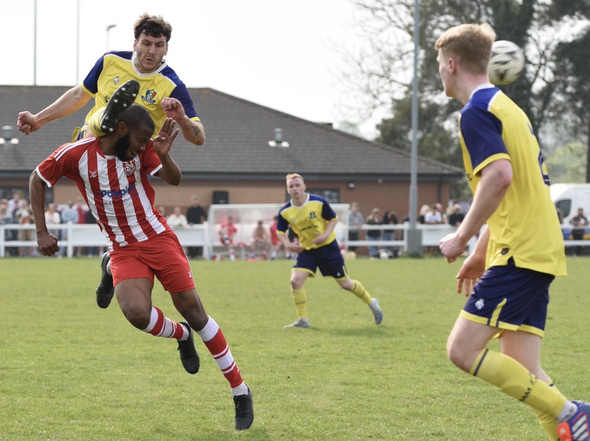 Ouch! <a href="/NettlehamFC2/">Nettleham F(C) 🏆🏆</a>  defender Charlie Mann clears his lines against <a href="/Horncastle_FC/">Horncastle Town FC</a> in the Challenge Cup semi-final at The Wong.  The Nettles won 1-0 and now face Skegness Town Reserves in the final on 10 May.
