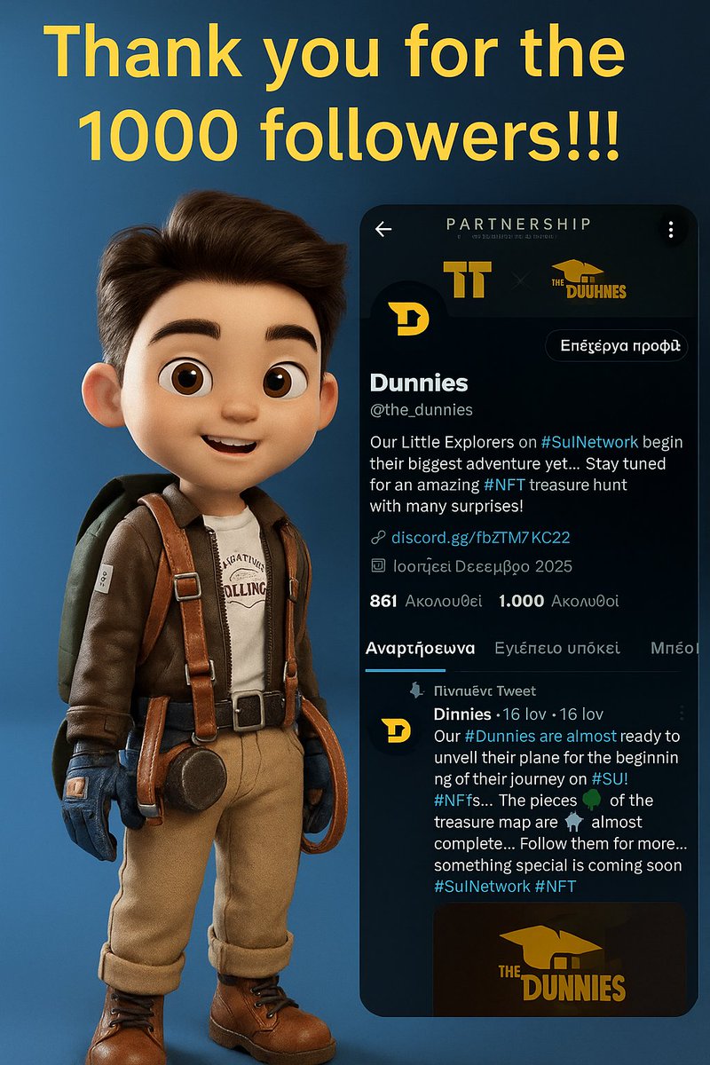 Thank you very much for your support!!!
To celebrate this!
We are giving away 
50$ in #sui to one lucky Explorer!!!
And also 5 WL of our project!!!
Follow <a href="/the_dunnies/">Dunnies</a>, tag 2 friends, retweet this and join our Discord discord.gg/NUeXSJ6kxg
<a href="/SuiNetwork/">Sui</a> is exploding !!🗺️🧩🌎