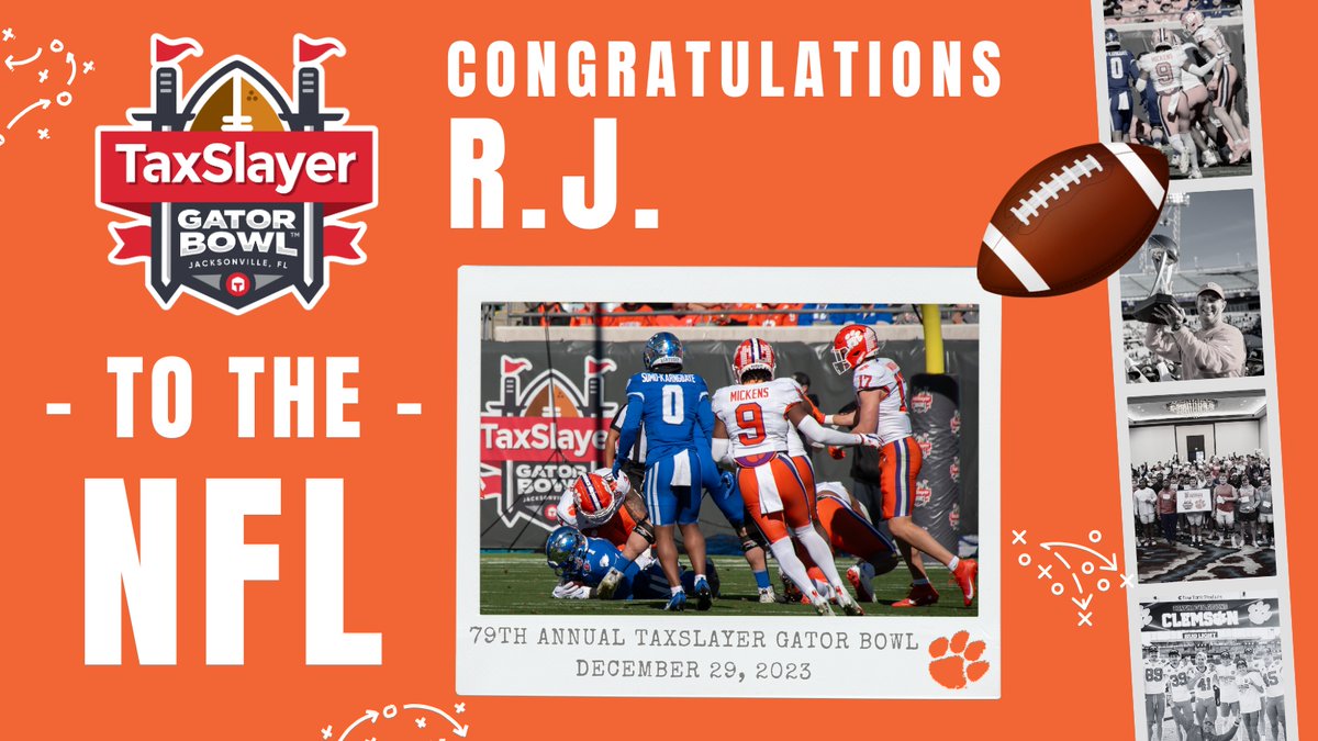TaxSlayer Gator Bowl (@taxslayerbowl) on Twitter photo Winding down the 6th round of the 2025 #NFLDraft with a pick from <a href="/ClemsonFB/">Clemson Football</a>! 🏈
Congrats to TaxSlayer Gator Bowl alum, <a href="/RjMickens10/">Rj Mickens</a>! Best of luck on your next adventure in LA with the <a href="/chargers/">Los Angeles Chargers</a>, #SlayIt!
#TSGBtoNFL Winding down the 6th round of the 2025 #NFLDraft with a pick from <a href="/ClemsonFB/">Clemson Football</a>! 🏈
Congrats to TaxSlayer Gator Bowl alum, <a href="/RjMickens10/">Rj Mickens</a>! Best of luck on your next adventure in LA with the <a href="/chargers/">Los Angeles Chargers</a>, #SlayIt!
#TSGBtoNFL