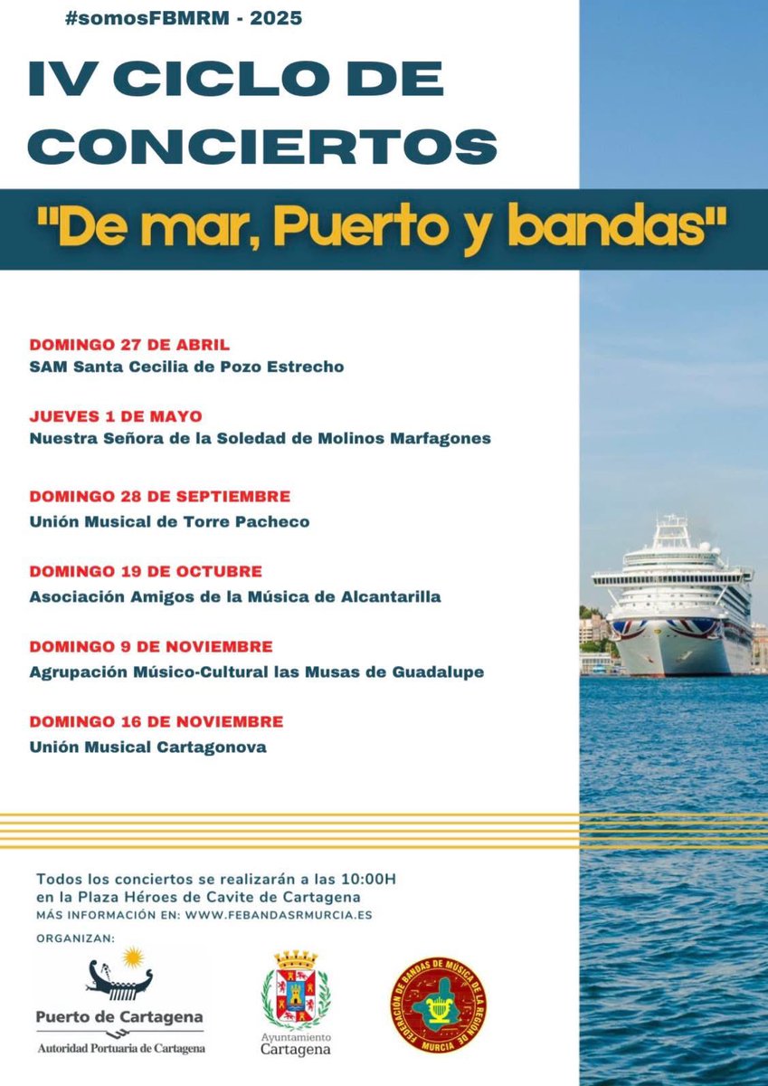 Federación Bandas de Música de la Región de Murcia (@febandasrmurcia) on Twitter photo 🤩 🎶Por cuarto año consecutivo y gracias a la inestimable colaboración del <a href="/PuertoCartagena/">Puerto de Cartagena</a> y la Concejalía de Cultura del <a href="/AytoCartagenaES/">Ayuntamiento de Cartagena</a> , se celebrará en esta ciudad portuaria el IV CICLO DE CONCIERTOS "De mar, puerto y bandas" 2025. 🤩 🎶Por cuarto año consecutivo y gracias a la inestimable colaboración del <a href="/PuertoCartagena/">Puerto de Cartagena</a> y la Concejalía de Cultura del <a href="/AytoCartagenaES/">Ayuntamiento de Cartagena</a> , se celebrará en esta ciudad portuaria el IV CICLO DE CONCIERTOS "De mar, puerto y bandas" 2025.