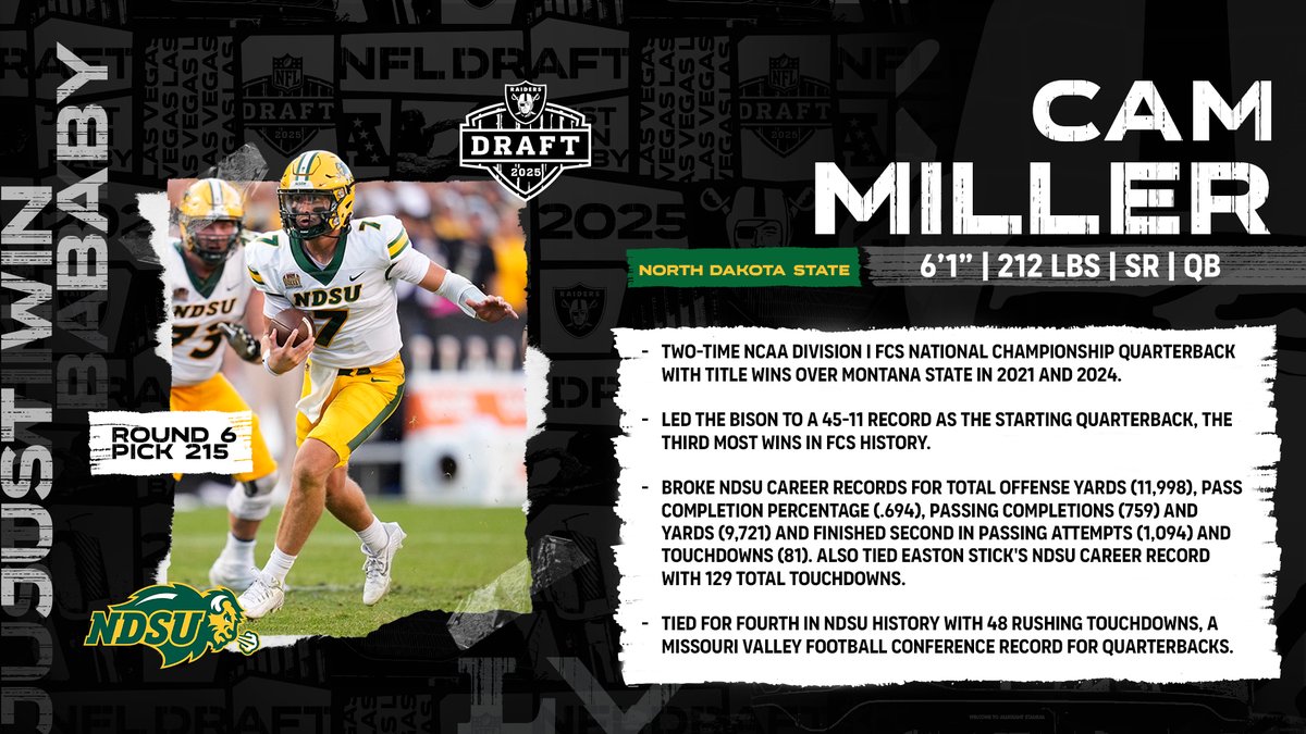 With the 215th pick in the 2025 #NFL Draft, the Las Vegas #Raiders select, QB Cam Miller - <a href="/NDSUfootball/">NDSU Football</a> 

<a href="/Raiders/">Las Vegas Raiders</a> | #RaiderNation