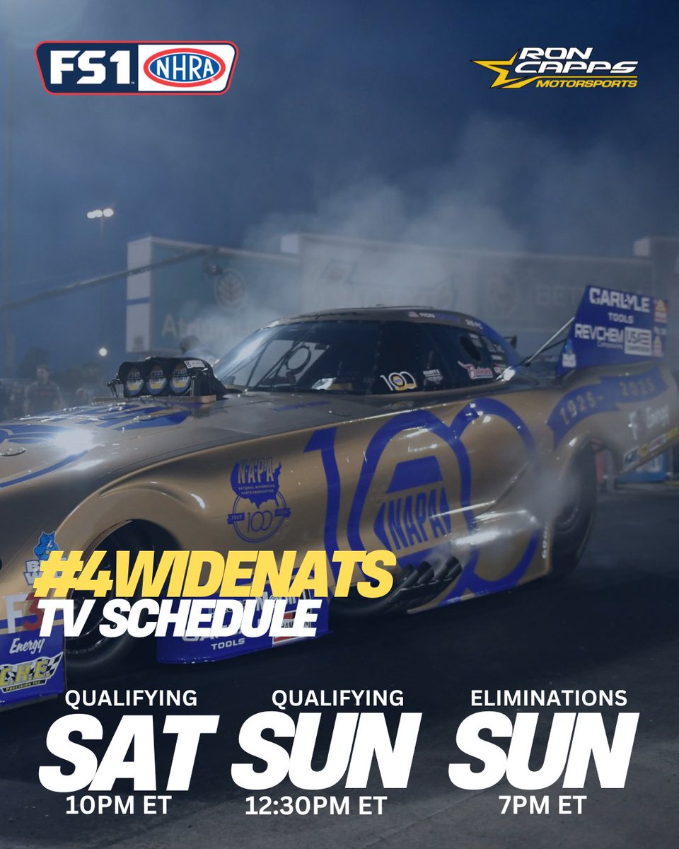 TV 📺 coverage from the #4WideNats begins TONIGHT on <a href="/FS1/">FS1</a>! Don’t miss it 😎

<a href="/RonCapps28/">Ron Capps</a> | <a href="/theNAPAnetwork/">The NAPA Network</a> 
#NHRAonFOX | <a href="/NAPARacing/">NAPA Racing</a>