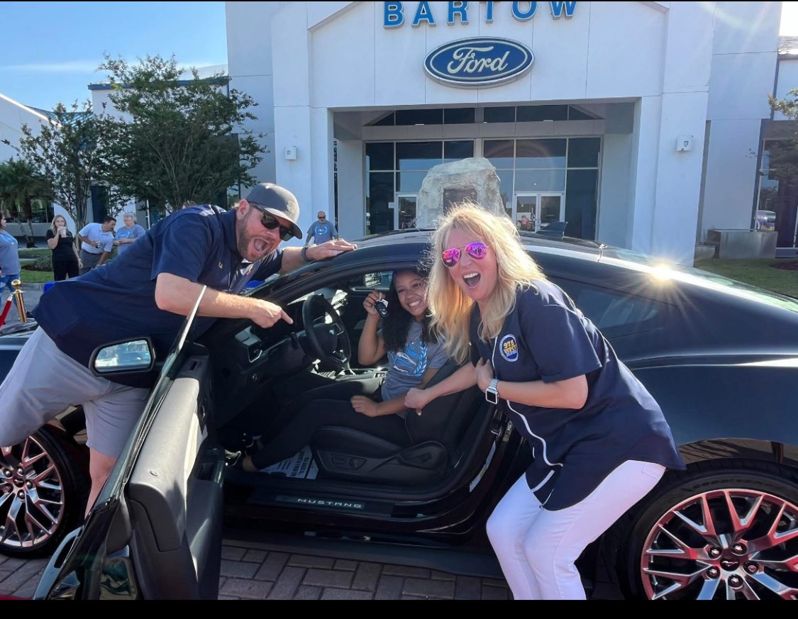 Congratulations to Alivia Conticello, GJ Flag Football player &amp; Cheerleader, who won the 2025 “Drive for Excellence” Mustang this morning at Bartow Ford!!