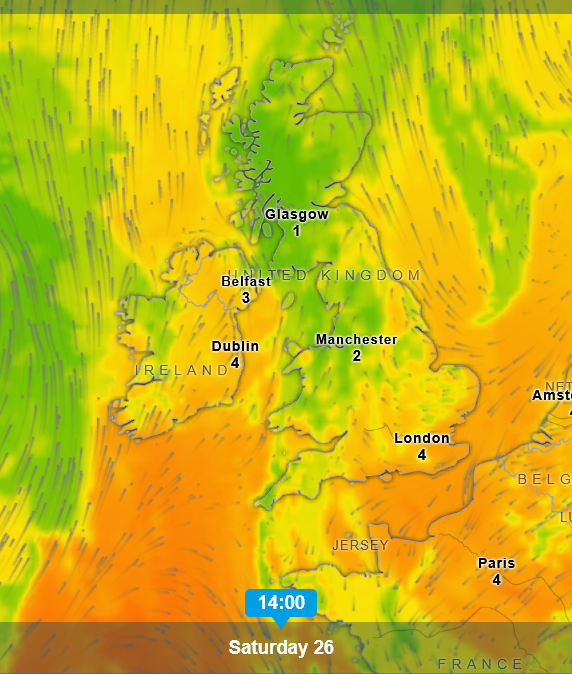 Heb0g's tweet photo. Less chance of sunburn in Wales and Scotland (lower UV) https://t.co/xpJ25Tb4aV