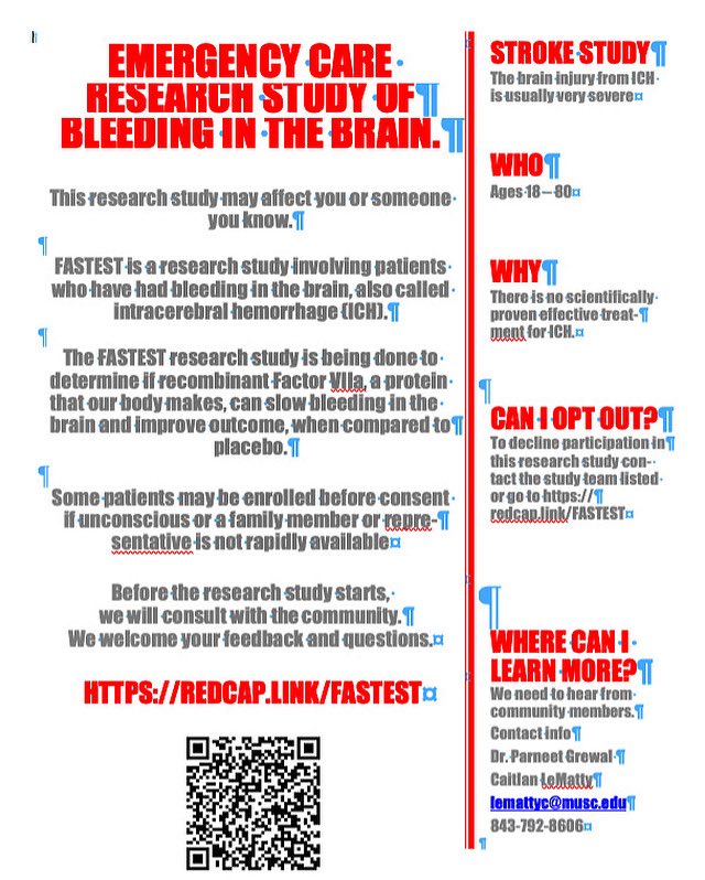 New Clinical Study: Help FASTEST Save Lives!

If you or a loved one has experienced bleeding in the brain (intracerebral hemorrhage), you may qualify for the FASTEST study.

Every minute matters!
Learn more about eligibility at
redcap.link/fastest

 #StrokeResearch