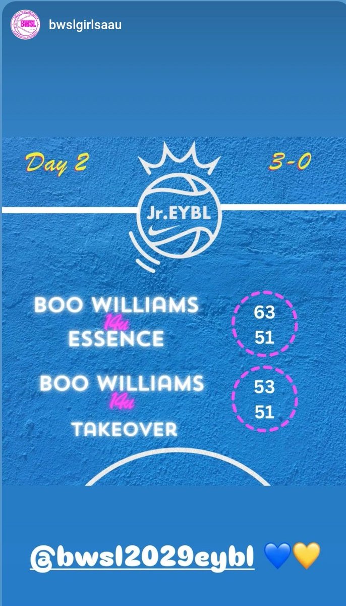 Boo Williams 2029 JR EYBL 💙💛 (@bwsl2029eybl) on Twitter photo Work's not done‼️1 more to go 😤
Come check us out tomorrow 2:15pm Crt 20 #HardWork 💛💙
<a href="/NikeGirlsEYBL/">Nike Girls EYBL</a> <a href="/BWSLGirlsAAU/">Boo Williams GBB</a>
<a href="/SheScoredSports/">She Scored Sports</a> Work's not done‼️1 more to go 😤
Come check us out tomorrow 2:15pm Crt 20 #HardWork 💛💙
<a href="/NikeGirlsEYBL/">Nike Girls EYBL</a> <a href="/BWSLGirlsAAU/">Boo Williams GBB</a>
<a href="/SheScoredSports/">She Scored Sports</a>