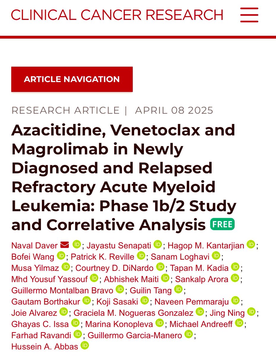 Naveen Pemmaraju, MD (@doctorpemm) on Twitter photo 👉👉👉Azacitidine, Venetoclax and Magrolimab in Newly Diagnosed and Relapsed Refractory Acute Myeloid Leukemia: Phase 1b/2 Study and Correlative Analysis | Led by .<a href="/Daver_Leukemia/">Naval Daver, M.D.</a> & <a href="/HusseinAbbasLab/">Hussein Abbas</a> aacrjournals.org/clincancerres/… | <a href="/MDAndersonNews/">MD Anderson Cancer Center</a> #leusm #endcancer <a href="/CCR_AACR/">Clinical Cancer Research</a> <a href="/CD_AACR/">Cancer Discovery</a> 👉👉👉Azacitidine, Venetoclax and Magrolimab in Newly Diagnosed and Relapsed Refractory Acute Myeloid Leukemia: Phase 1b/2 Study and Correlative Analysis | Led by .<a href="/Daver_Leukemia/">Naval Daver, M.D.</a> & <a href="/HusseinAbbasLab/">Hussein Abbas</a> aacrjournals.org/clincancerres/… | <a href="/MDAndersonNews/">MD Anderson Cancer Center</a> #leusm #endcancer <a href="/CCR_AACR/">Clinical Cancer Research</a> <a href="/CD_AACR/">Cancer Discovery</a>