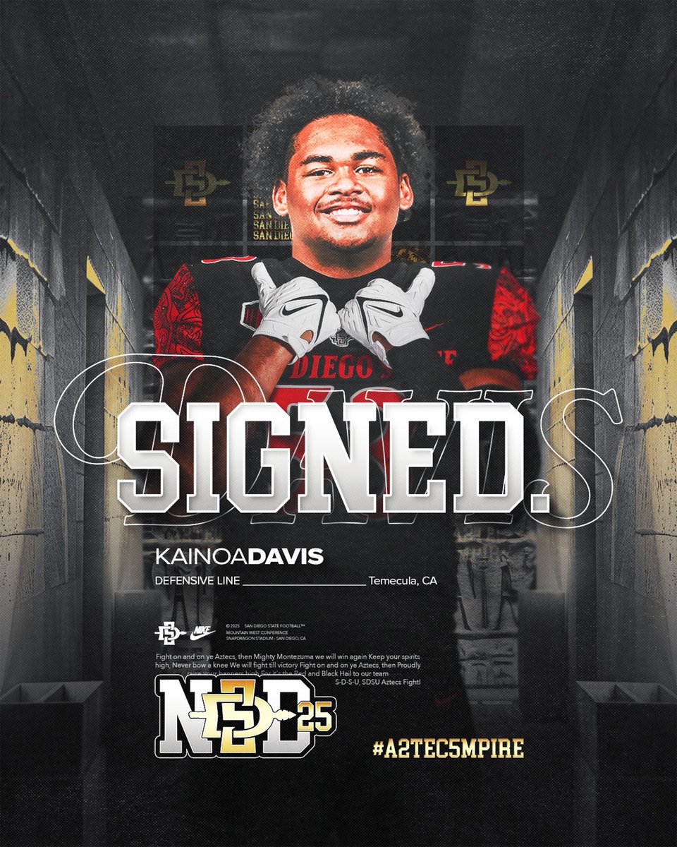 San Diego State Football (@aztecfb) on Twitter photo Welcome to The Mesa, <a href="/KainoaDavis3/">Kainoa Tausaga Davis</a>!
π Temecula, California
π Defensive Line
π« Charlotte
#A2TEC5MPIRE x #NSD Welcome to The Mesa, <a href="/KainoaDavis3/">Kainoa Tausaga Davis</a>!
π Temecula, California
π Defensive Line
π« Charlotte
#A2TEC5MPIRE x #NSD