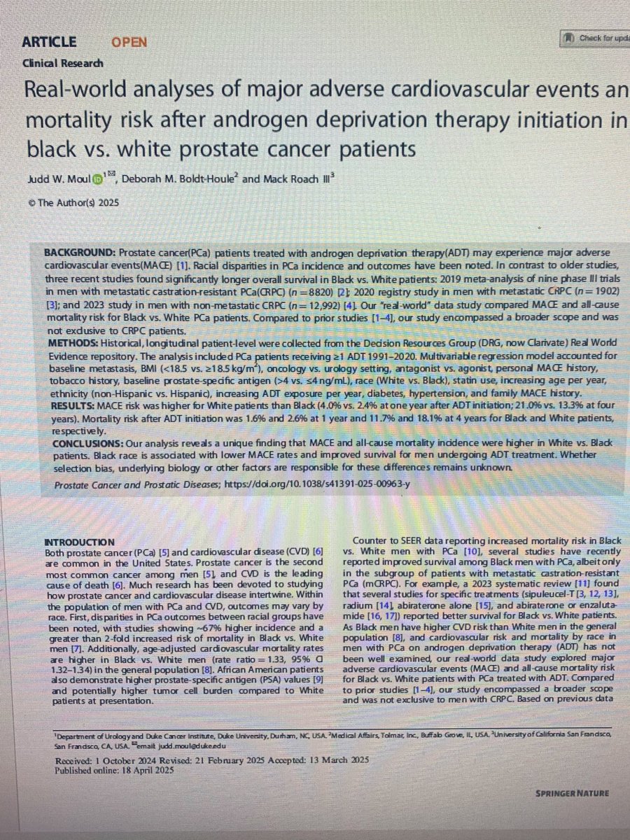 Judd Moul (@juddmoul) on Twitter photo Our latest work in <a href="/pcan_journal/">Prostate Cancer and Prostatic Diseases</a> showing that black men initiating ADT for Advanced PC have better survival to white men. This has been also shown in mCRPC before but here also in hormone sensitivity adv disease <a href="/DukeUrology/">Duke Urology</a> <a href="/DukeGUCancer/">DCI Center for Prostate & Urologic Cancers</a> Our latest work in <a href="/pcan_journal/">Prostate Cancer and Prostatic Diseases</a> showing that black men initiating ADT for Advanced PC have better survival to white men. This has been also shown in mCRPC before but here also in hormone sensitivity adv disease <a href="/DukeUrology/">Duke Urology</a> <a href="/DukeGUCancer/">DCI Center for Prostate & Urologic Cancers</a>