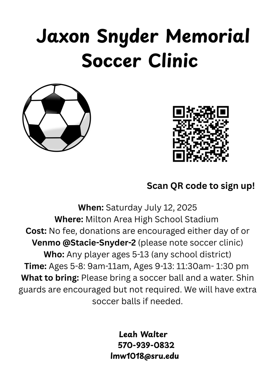 leahwalter04's tweet photo. SUPER excited to announce the first annual Jaxon Snyder Memorial Soccer Clinic. Please share and spread the word! Below is a link to the website to sign up and a flyer to share!
https://t.co/IetvkQ7Hcb https://t.co/3xQjrxXaXl