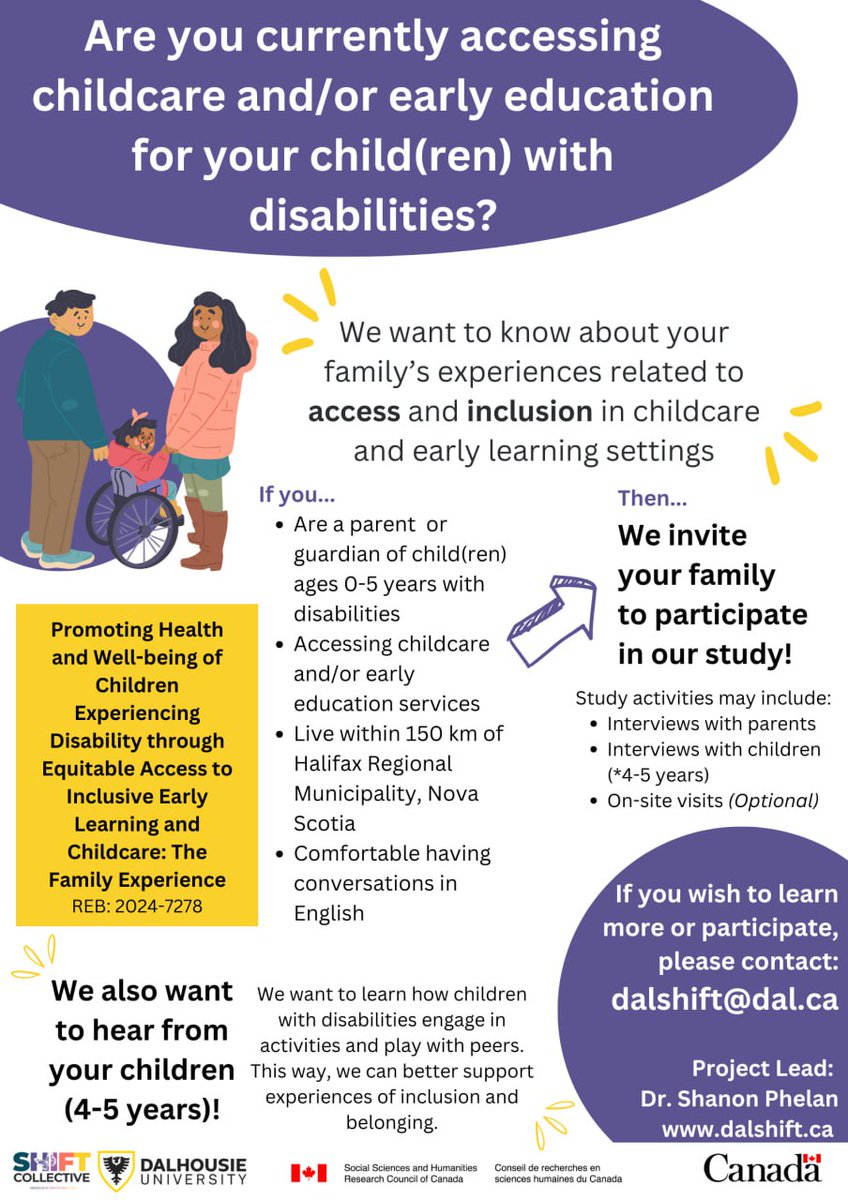 SHIFT Collective (@shiftdalu) on Twitter photo Calling parents and guardians!
If you access childcare or early education for a child with disabilities (ages 0–5), we want to hear your experiences.
Contact us: dalshift@dal.ca.
Every voice matters!
#DalShiftCollective Calling parents and guardians!
If you access childcare or early education for a child with disabilities (ages 0–5), we want to hear your experiences.
Contact us: dalshift@dal.ca.
Every voice matters!
#DalShiftCollective