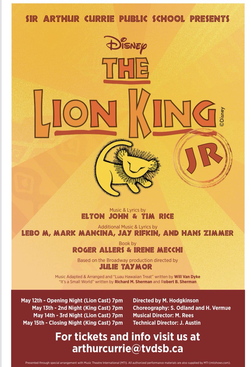 May 12th – Opening Night, 7pm (Lion Cast)
tvdsb.schoolcashonline.com/Fee/Details/16…
May 13th – 2nd Performance, 7pm (King Cast)
tvdsb.schoolcashonline.com/Fee/Details/16…
May 14th – 3rd Performance, 7pm (Lion Cast)
tvdsb.schoolcashonline.com/Fee/Details/16…
May 15th – Final Performance, 7pm (King Cast)
tvdsb.schoolcashonline.com/Fee/Details/16…