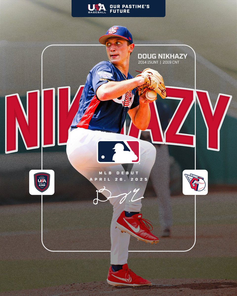 USA Baseball (@usabaseball) on Twitter photo First MLB game and starting on the mound for the <a href="/CleGuardians/">Cleveland Guardians</a>… Not too shabby, <a href="/Dougnikhazy/">Døug Nikhazy</a>.
Congrats to our two-time alum on making his MLB debut 🫡 First MLB game and starting on the mound for the <a href="/CleGuardians/">Cleveland Guardians</a>… Not too shabby, <a href="/Dougnikhazy/">Døug Nikhazy</a>.
Congrats to our two-time alum on making his MLB debut 🫡