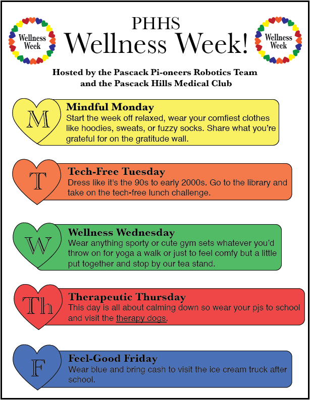 Our team &amp; the <a href="/pascackhillsnj/">pascackhillsnj</a> Medical Club are excited to host #PHHSWellnessWeek starting Monday! Check your email &amp; read the flyer for daily activities. 💛❤️💚♥️💙 <a href="/pvrhsd/">PVRHSD</a> <a href="/FRCTeams/">FIRST Robotics Competition</a> <a href="/FIRSTMidAtl/">FIRST Mid-Atlantic</a>