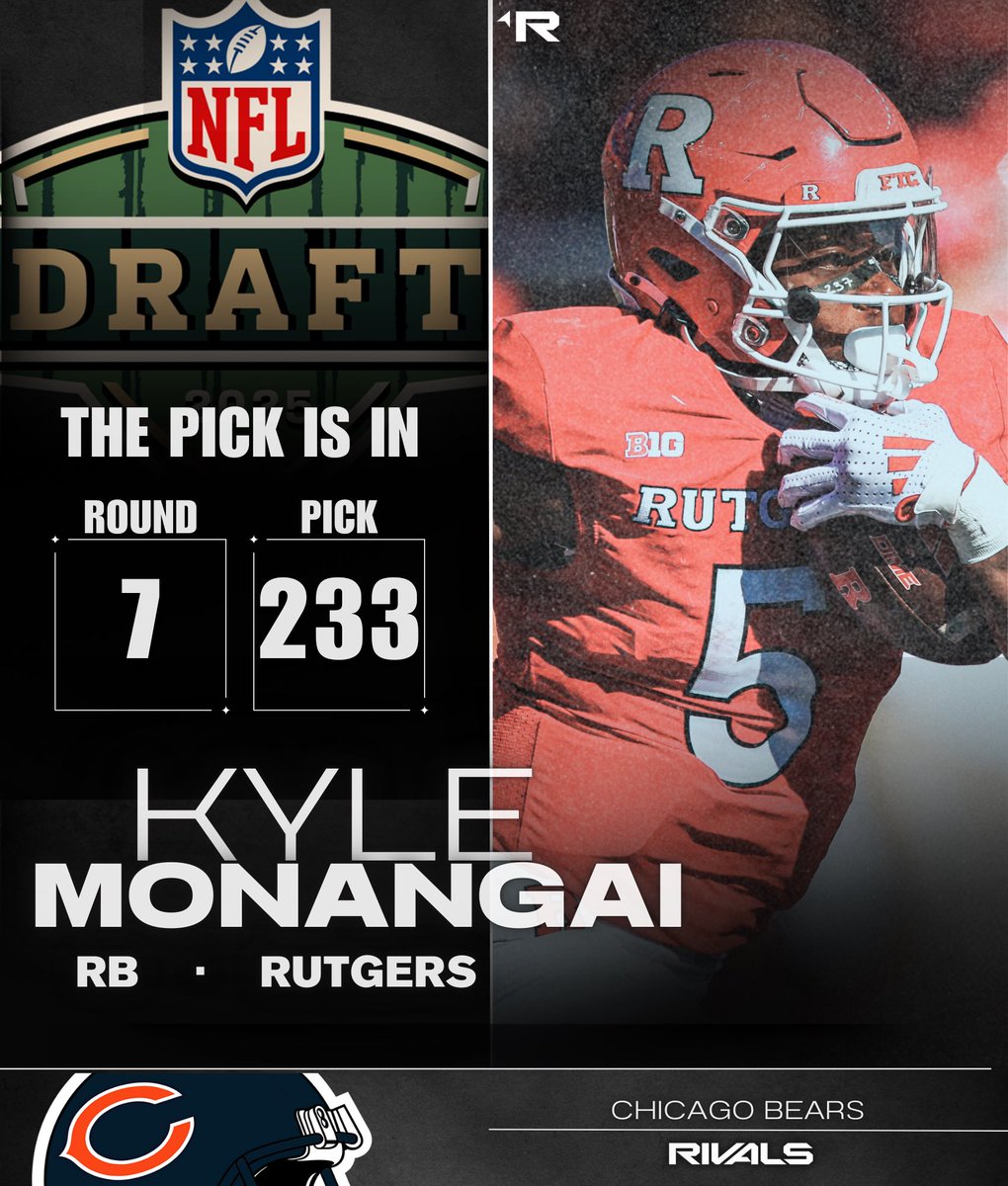 ⚔️THE PICK IS IN⚔️ 

With the 233rd pick in the seventh round of the 2025 NFL Draft, the Chicago Bears select RB Kyle Monangai, Rutgers.

👉 tinyurl.com/RUNFLDraft25