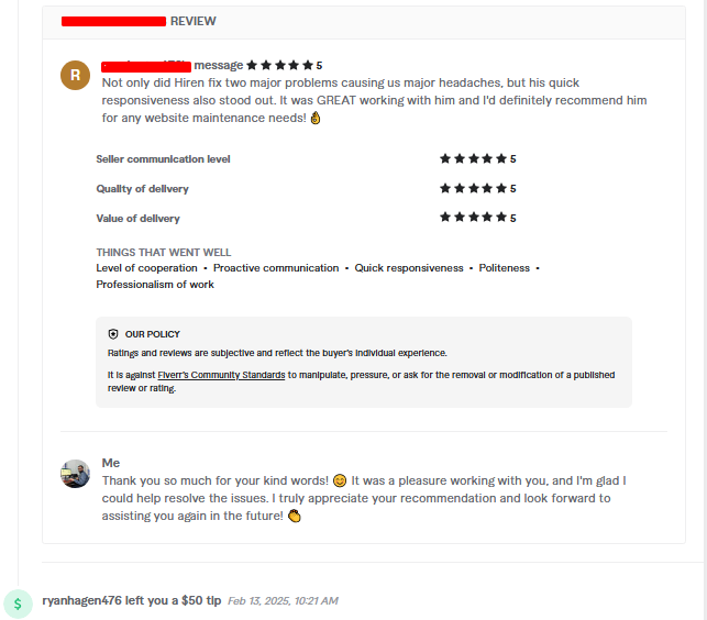 developerhiren's tweet image. 🌟 Another 5-Star Client Review from the United — My 258th! 🌟
💬 If you're looking for a reliable WordPress expert with 250+ successful projects & 5-star feedback from global clients, let's connect!
🔗 fiverr.com/hdhiren
 📩 DM me today — I’m ready to help!
#WordPress