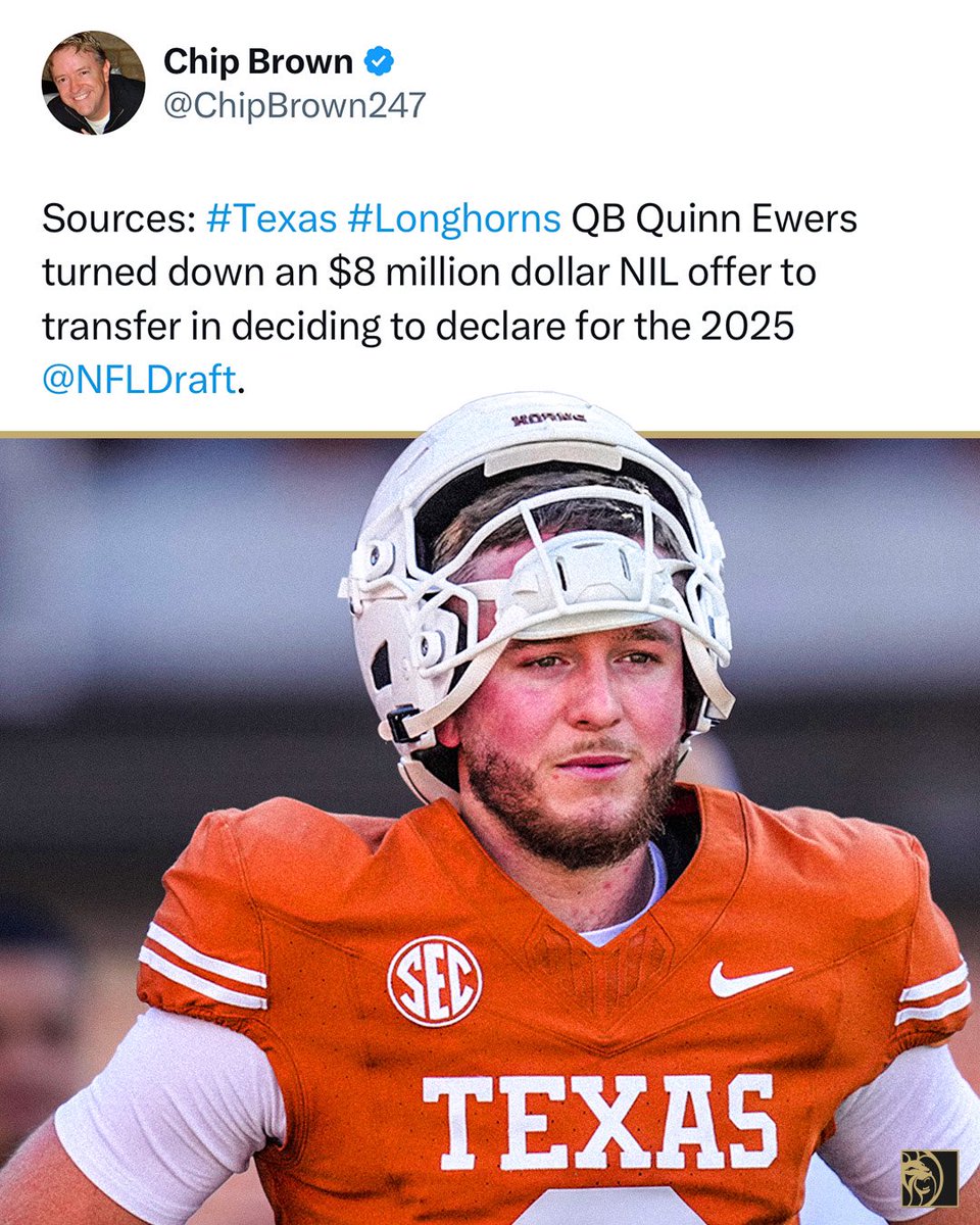 Quinn Ewers turned down $8 Million in NIL to declare for the draft …

Now he’ll make $4 million over 4 years as a 7th Round Pick 😬

(Via <a href="/ChipBrown247/">Chip Brown</a>)