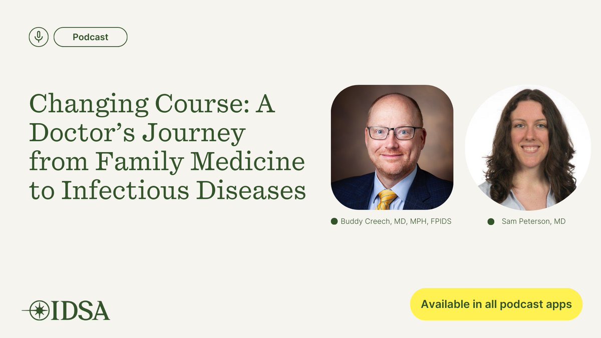 IDSA (@idsainfo) on Twitter photo New #LetsTalkID out now!🎙️Buddy Creech, MD, MPH, FPIDS, chats with ID fellow Sam Peterson, MD, of <a href="/UICDom/">University of Illinois Department of Medicine</a> about her unique journey to ID and what it will take to inspire the next generation of ID specialists.
Available in your favorite podcast player. Search "Let's Talk ID." New #LetsTalkID out now!🎙️Buddy Creech, MD, MPH, FPIDS, chats with ID fellow Sam Peterson, MD, of <a href="/UICDom/">University of Illinois Department of Medicine</a> about her unique journey to ID and what it will take to inspire the next generation of ID specialists.
Available in your favorite podcast player. Search "Let's Talk ID."