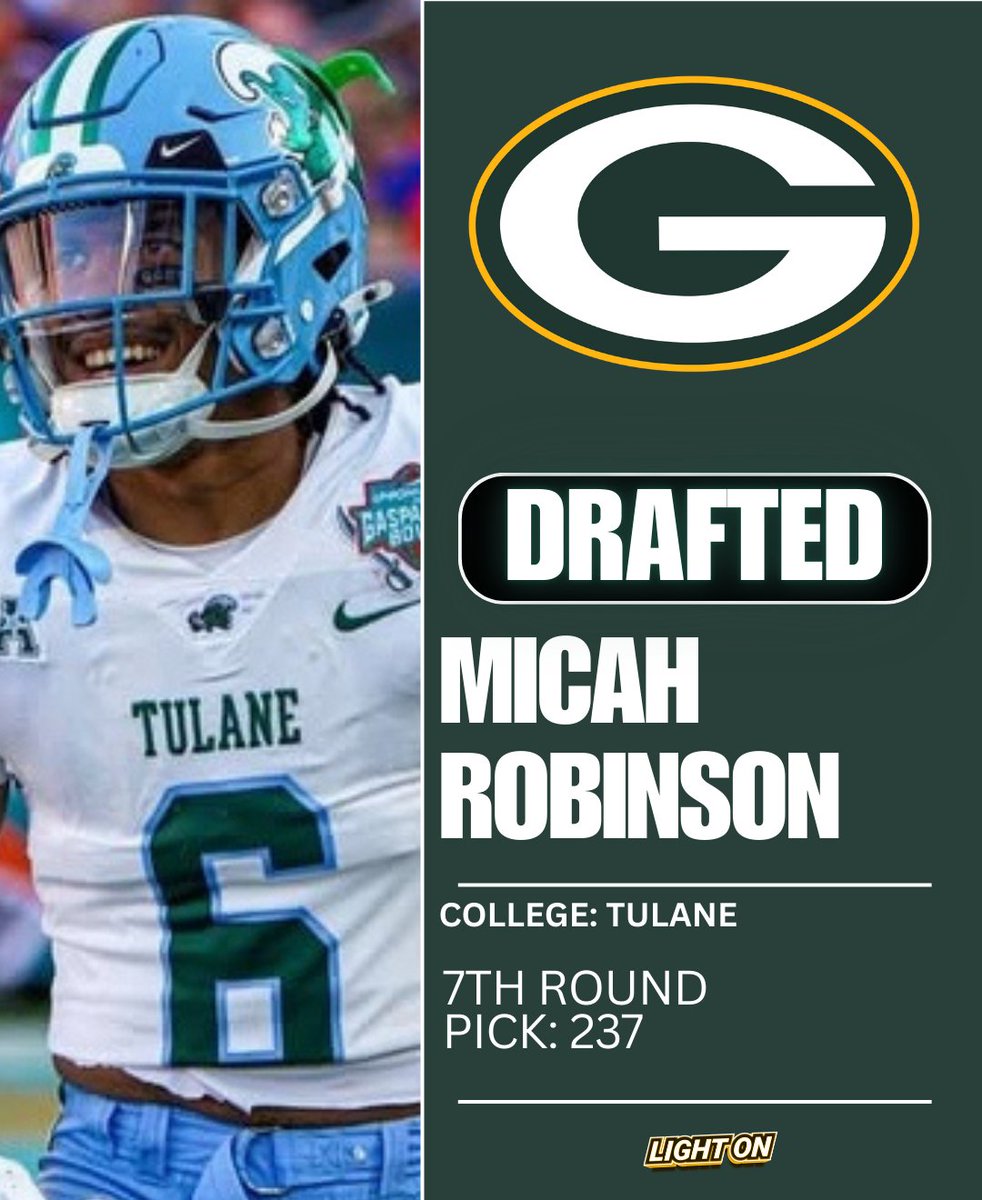 LIGHT ON COLLEGE SPORTS (@lightonsports) on Twitter photo Tulane defensive back Micah Robinson has been selected by the Green Bay Packers in the 7th round. 🔥
#NFLDraft2025 <a href="/packers/">Green Bay Packers</a> Tulane defensive back Micah Robinson has been selected by the Green Bay Packers in the 7th round. 🔥
#NFLDraft2025 <a href="/packers/">Green Bay Packers</a>