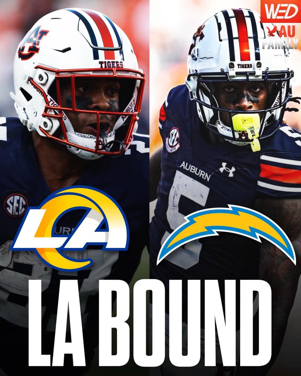 AUFAMILY's tweet image. Hey @LAAuburnClub give our guys a warm welcome! 🦅

Jarquez and KLS are both headed to LA 🔥🌴

At pick 117, the Rams drafted former Auburn RB Jarquez Hunter 

At pick 158, the Chargers took former Auburn WR Ke’Andre Lambert-Smith 

 #WarEagle #NFLDraft
#AuburnFootball #Chargers