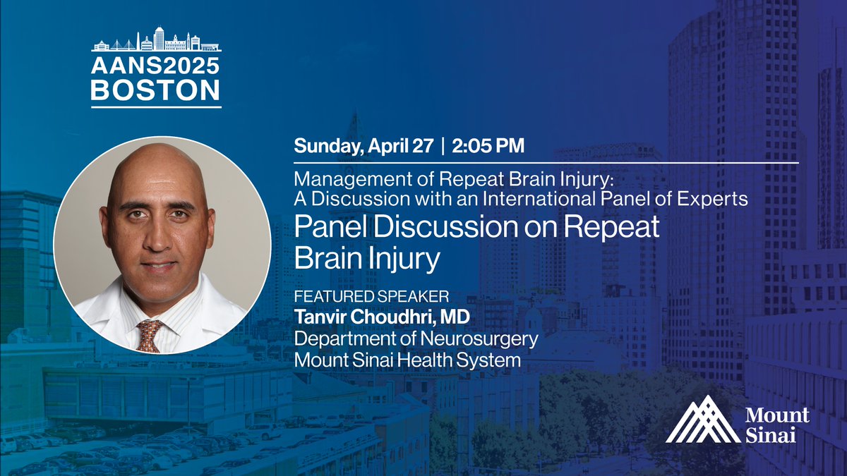 Dr. Tanvir Choudhri, neurosurgeon &amp; Co-Director of the Neurosurgery Spine Program at Mount Sinai, joins an international panel of experts to discuss managing repeat brain injury. Don’t miss this exciting discussion! 🧠🌍 #Neurosurgery #AANS2025 #aansRippleEffect <a href="/AANSNeuro/">AANS</a>