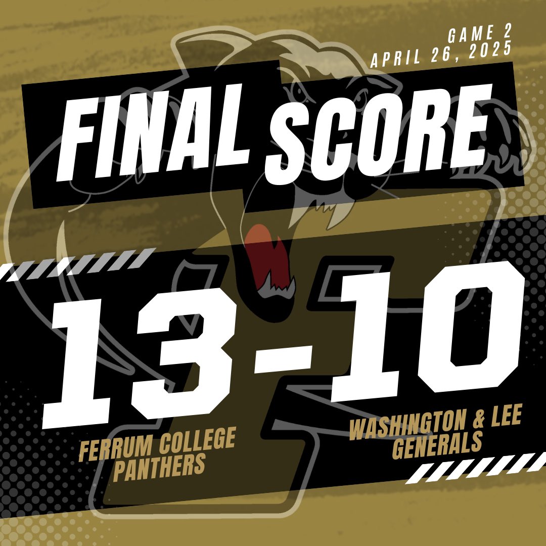 FINAL — GAME 2

Ferrum completes the sweep!
Panthers take down Washington &amp; Lee 13–10 to close out the regular season STRONG!

Playoff hopes still alive — LET’S GO!!!

#FerrumBaseball #PantherPride